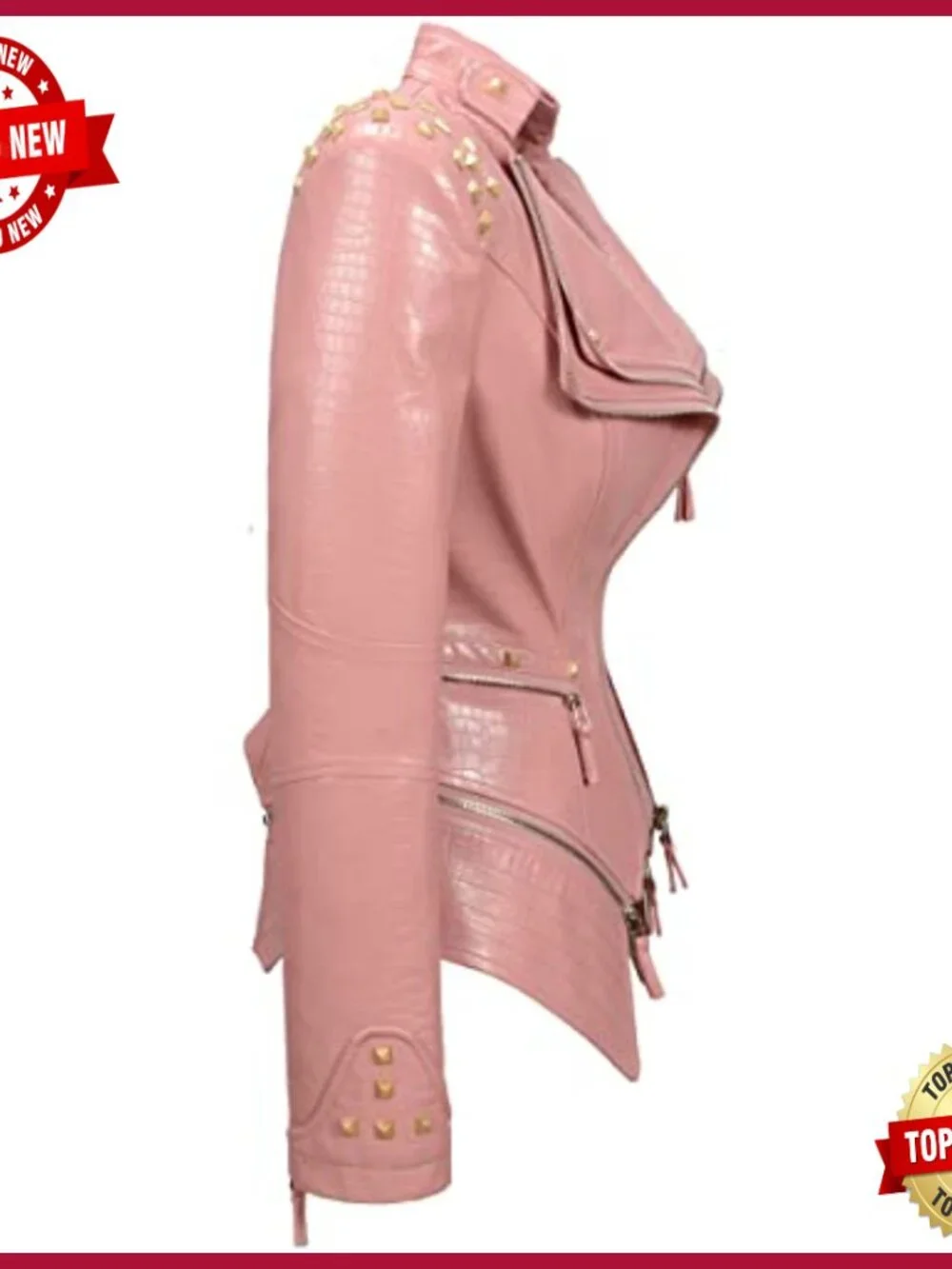 Women's Studded Faux Leather Moto Jacket, Punk Style, Zipper Closure - Picture 3 of 6